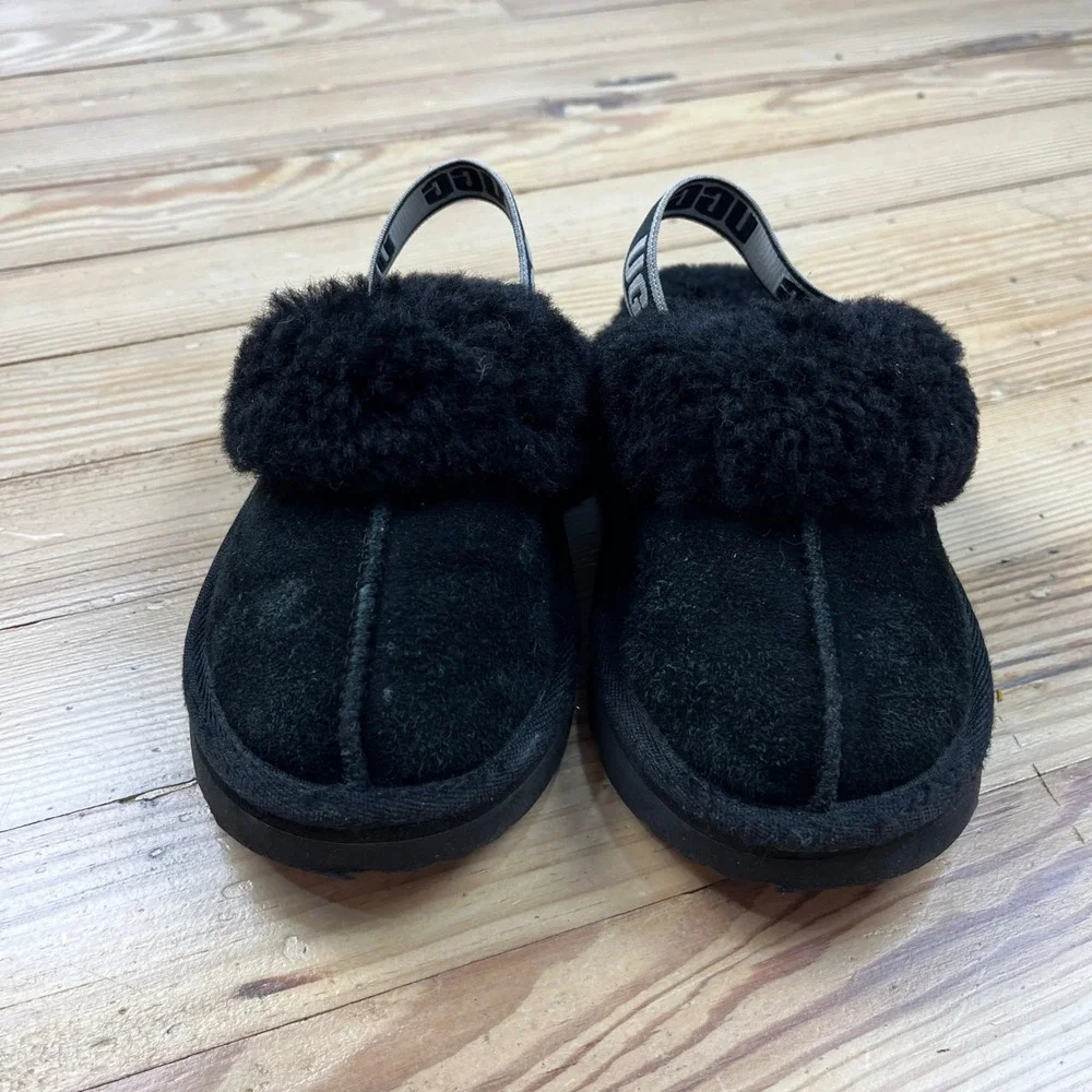 UGG Funkette Black Suede Platform Slingback Slippers Sheepskin Kids slip on sz 9